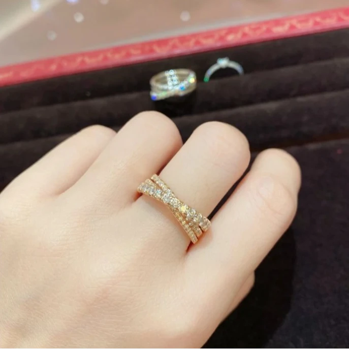 99新 Cartier/卡地亚 小花6枫 满钻 三圈 钉子戒指 18K玫瑰金 53