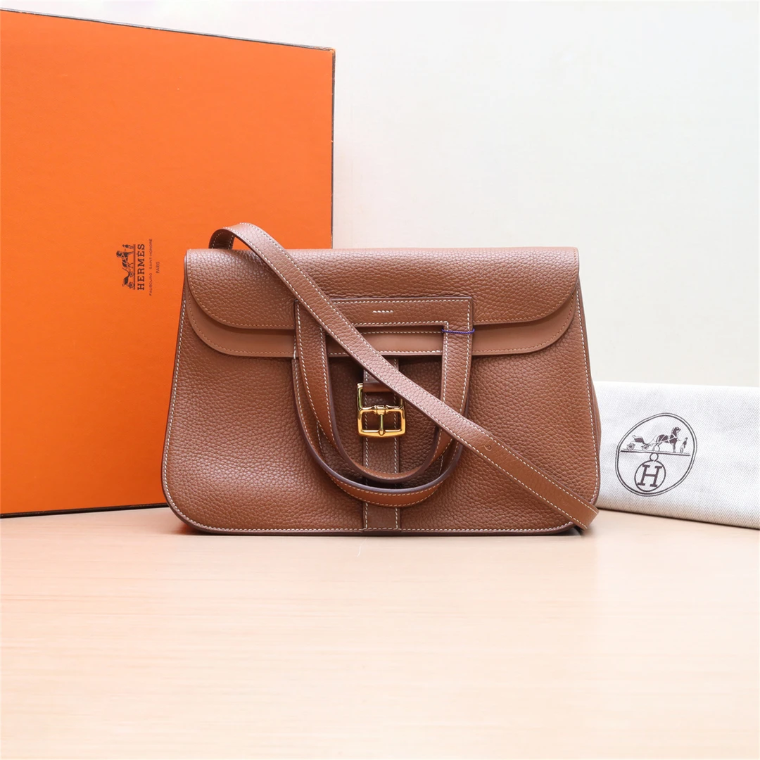99新 Hermes/爱马仕 小花6枫Halzan 31 金棕色 TC皮 C刻 金扣包