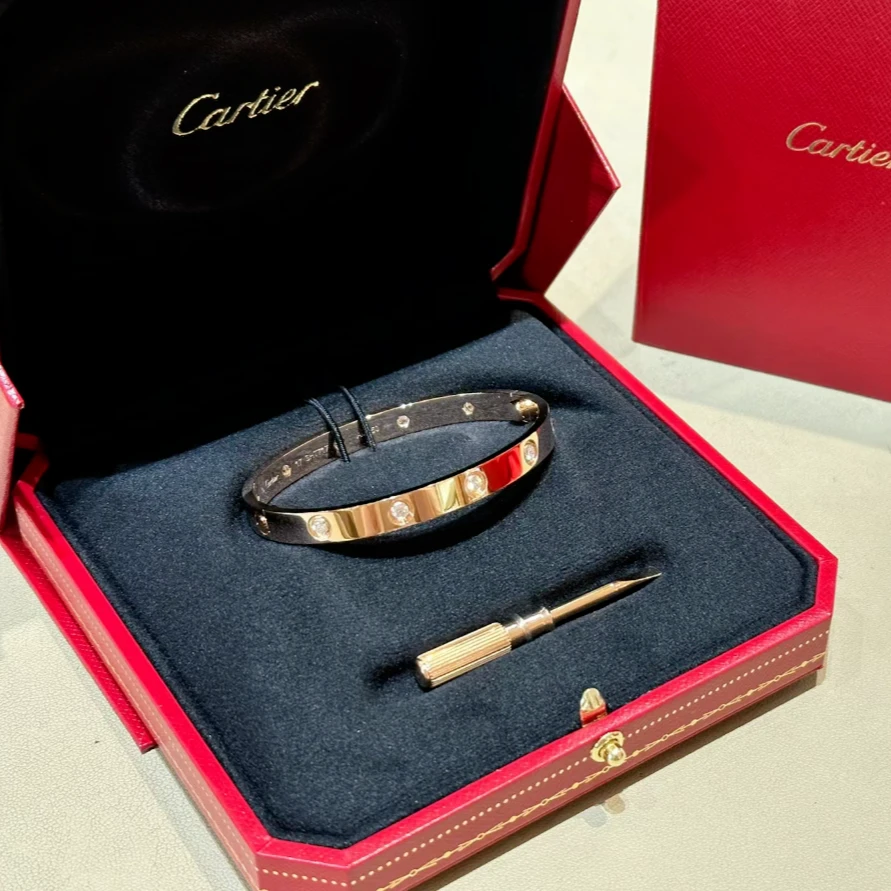 99新 Cartier/卡地亚 小花6欢 love 十钻 手镯 18K黄金 16号
