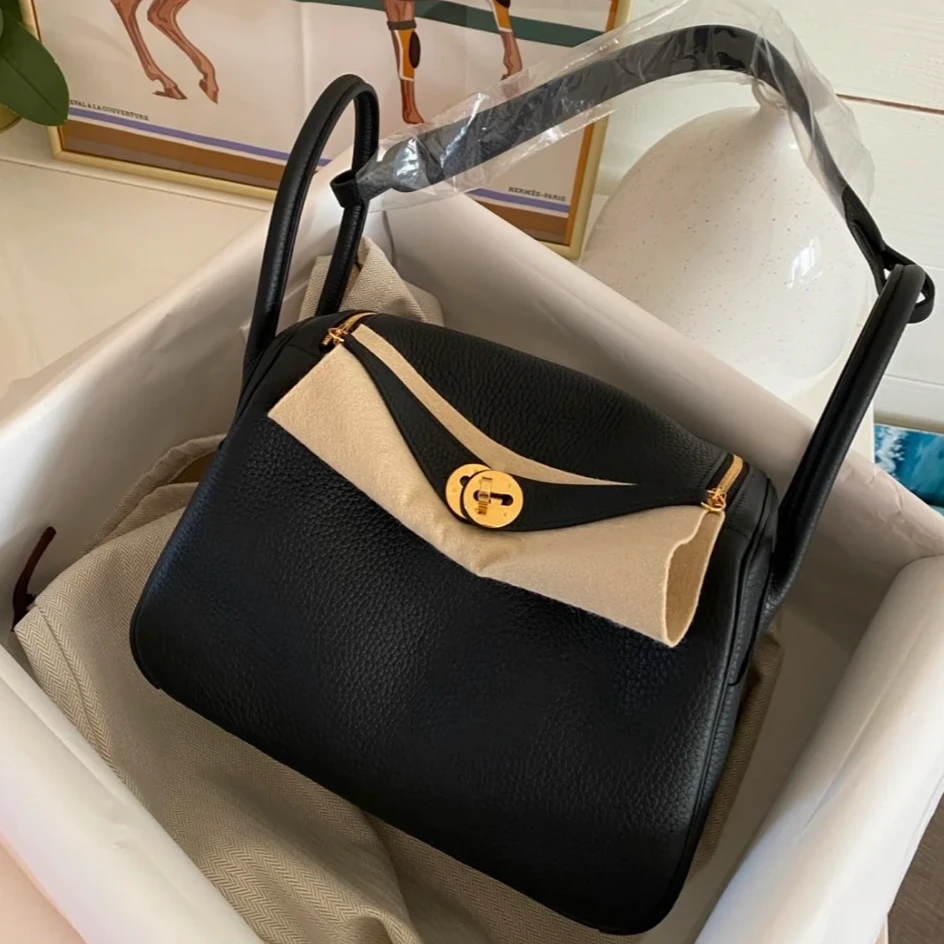 99新 Hermes/爱马仕 小花6枫 Lindy 26 黑色 TC皮 C刻 金扣包