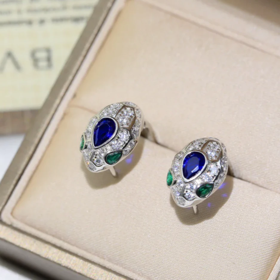 99新 BVLGARI/宝格丽 小花6欢 鎏光蛇影 蓝宝石 祖母绿 满钻 耳环