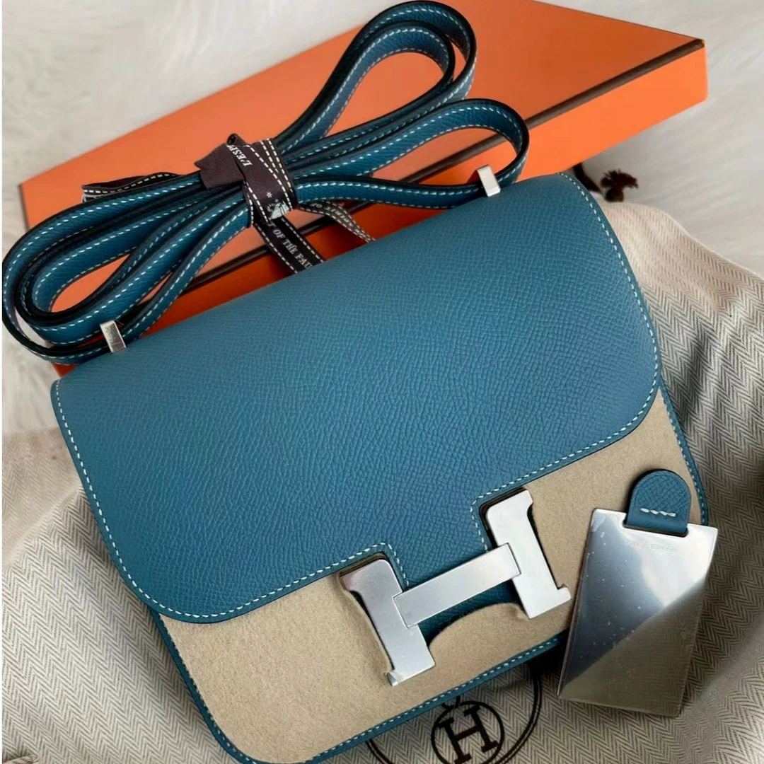 全新未使用 Hermes/爱马仕 小花6欢 康康19新牛仔蓝 ep皮 W刻银扣