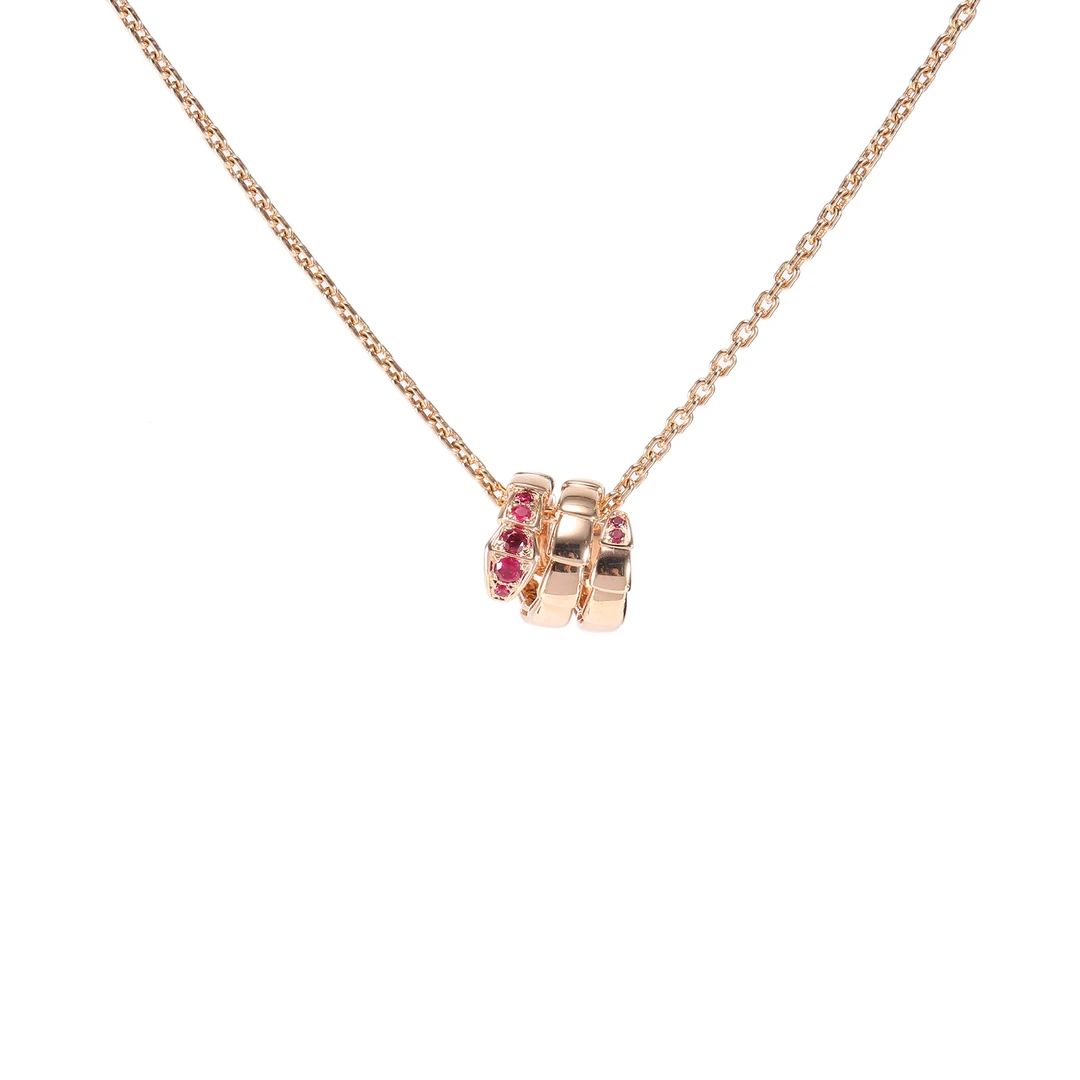 99新 BVLGARI/宝格丽 小花6欢 红钻蛇形项链 18K玫瑰金 项链
