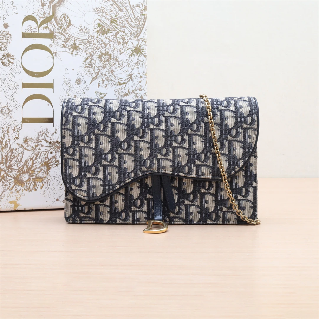 99新 DIOR/迪奥 【小花Han】马鞍 链条WOC 22 厚款 墨蓝色 帆布