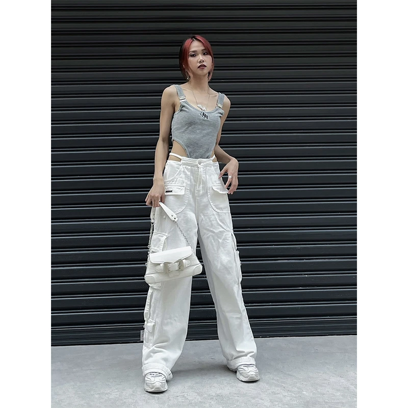 YAMMYUKI欧美街头辣妹绑带宽松阔腿拖地休闲白色工装长裤爵士舞女