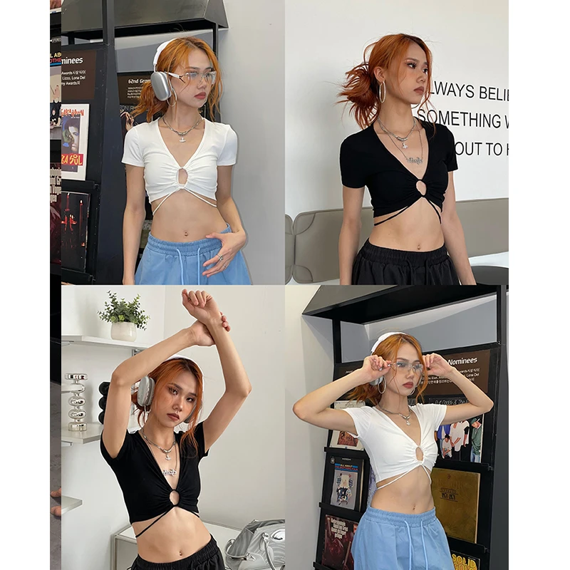 YAMMYUKI欧美辣妹性感镂空设计感绑带露腰紧身显瘦短袖爵士上衣