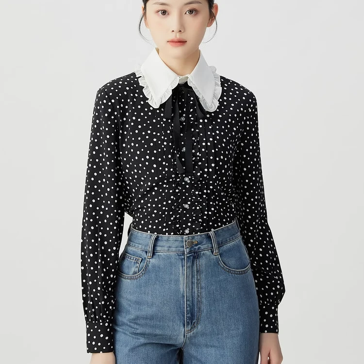 GIRDEAR/哥弟   波点衬衫｜木耳边波点长袖衬衫衬衣1300973