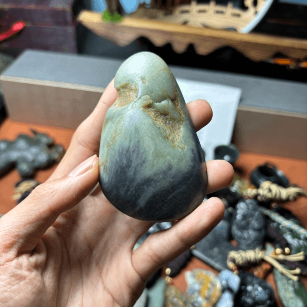 青花籽料手把件新疆