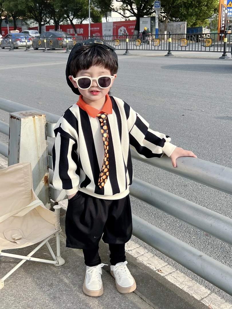 儿童装男童春装衬衫领条纹长袖卫衣2023新款中小童打底衫男孩上衣