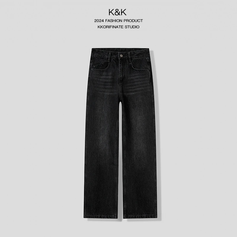【K&K】·黑灰·窄版高腰牛仔裤女阔腿裤秋冬直筒宽松显瘦垂感拖地裤
