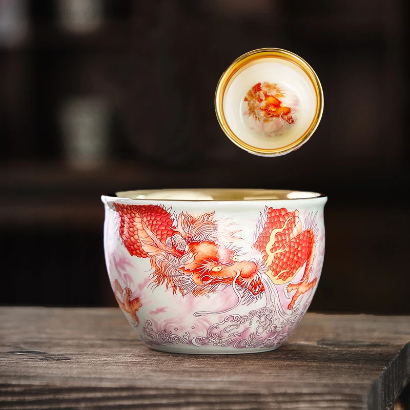 红龙鎏金缸杯茶杯主人杯单杯个人专用陶瓷功夫茶具大号容量器具