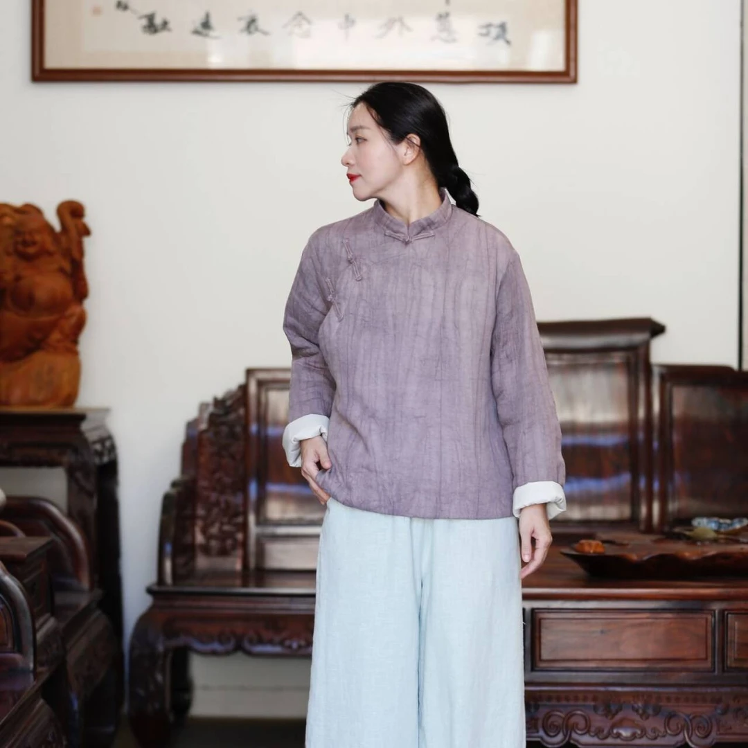 三层夹棉加厚 天丝苎麻手工扎染炒色做旧立领盘扣棉服36298