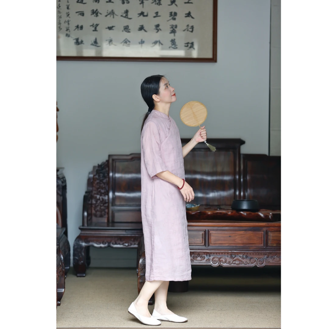 如素慢衣复古苎麻双层连衣裙36112