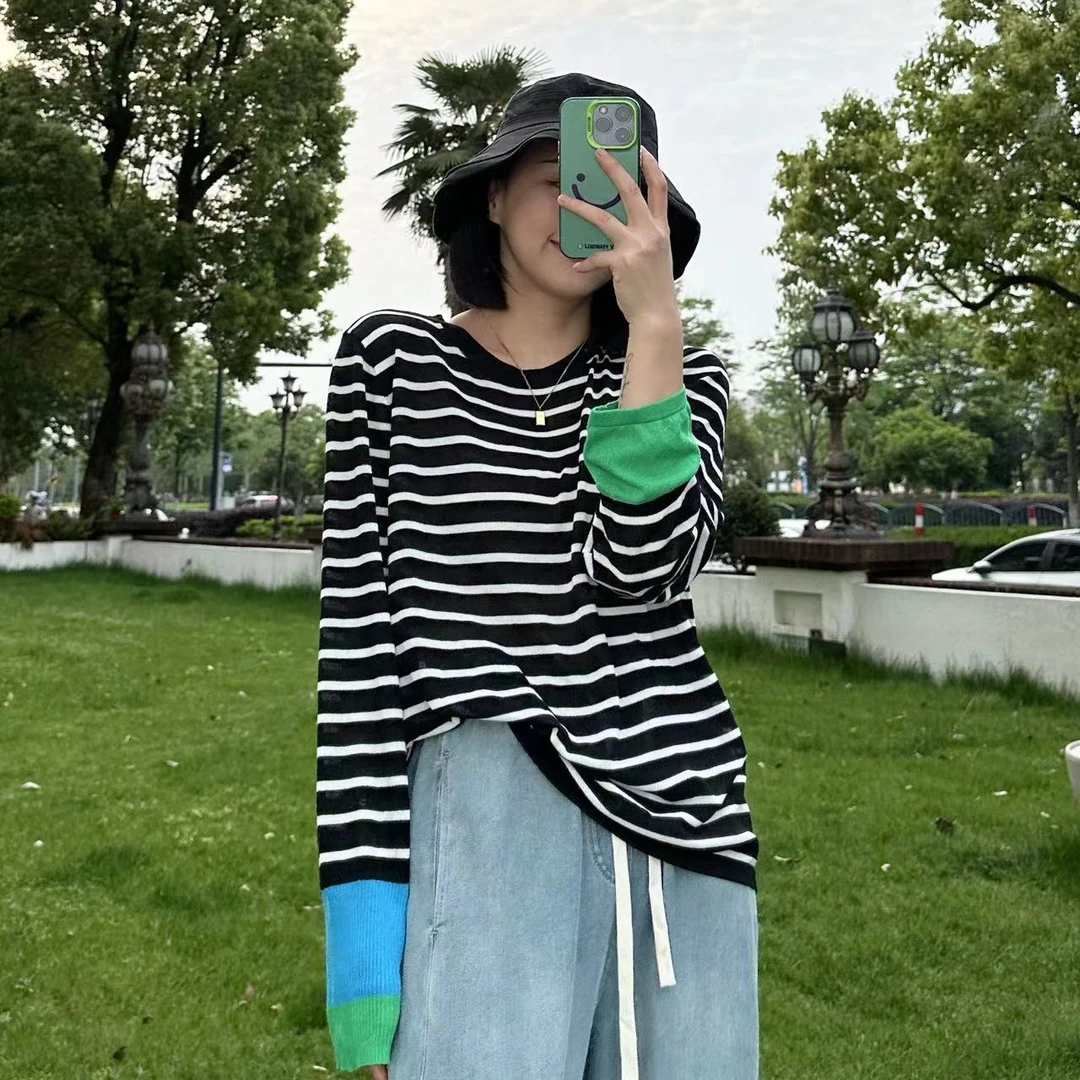 夏季袖口撞色圆领条纹气质时尚针织衫4-4-24