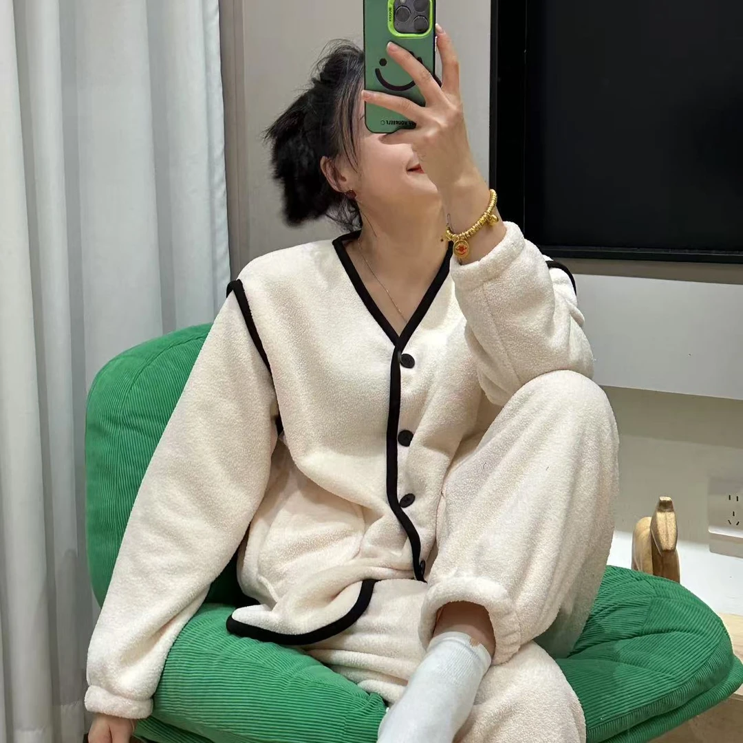 秋冬云朵慕斯加绒撞色边睡衣套装4-10-23