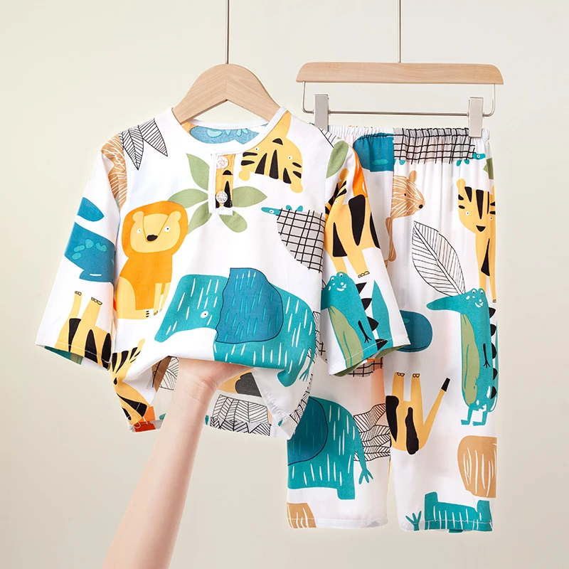 夏季儿童A类人造棉睡衣男童女童绵绸薄款宝宝空调家居服长袖套装