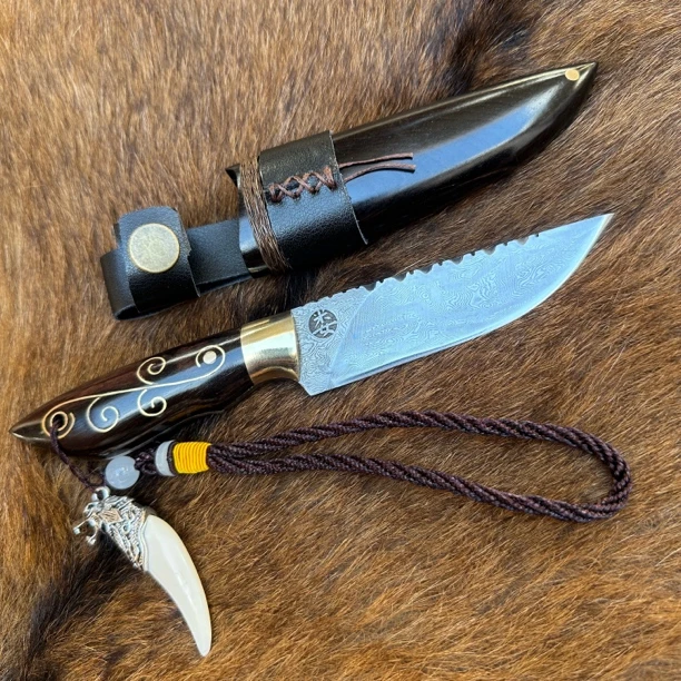 娄氏手工锻打大马士革钢家用折叠锋利户外便携野营削皮瓜果刀小刀