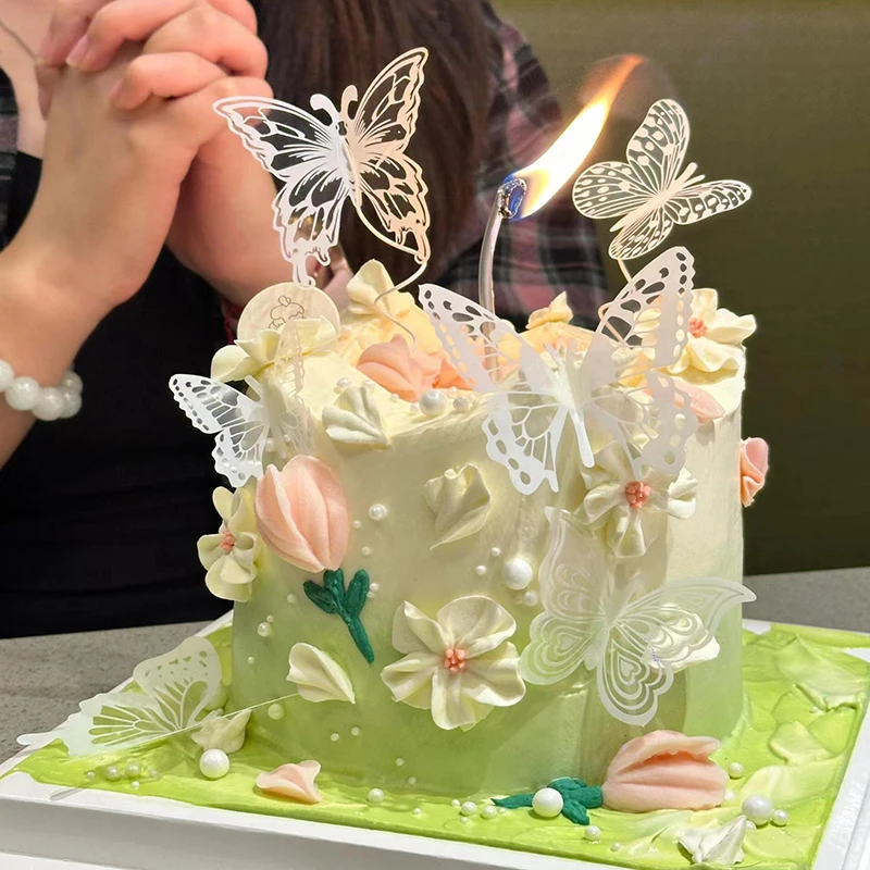 蝴蝶蛋糕装饰插件白色幻彩镂空蝴蝶摆件女神仙女生日甜品烘焙插牌