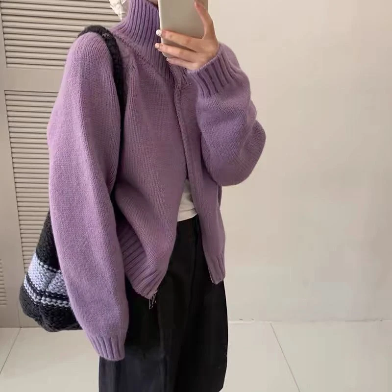 欧货冬季厚款双拉链简约时尚毛针织外套