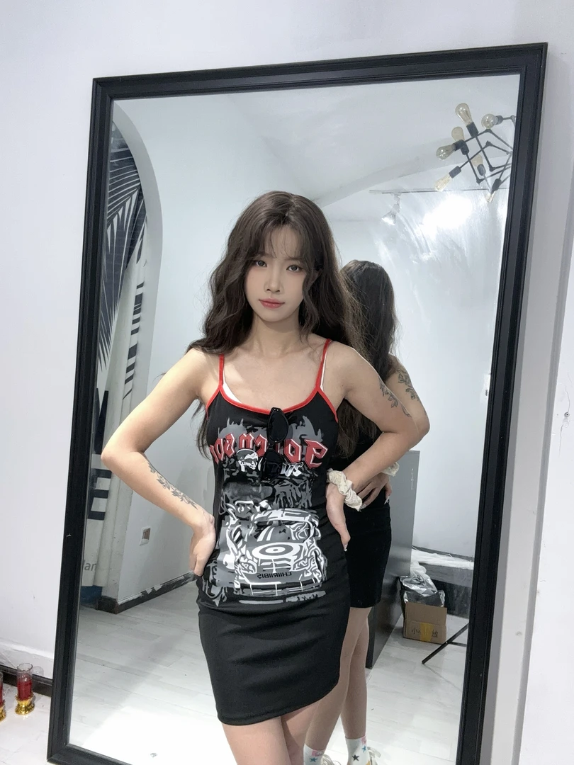 满天星 罗纹 吊带裙女夏季美式复古气质包臀短裙