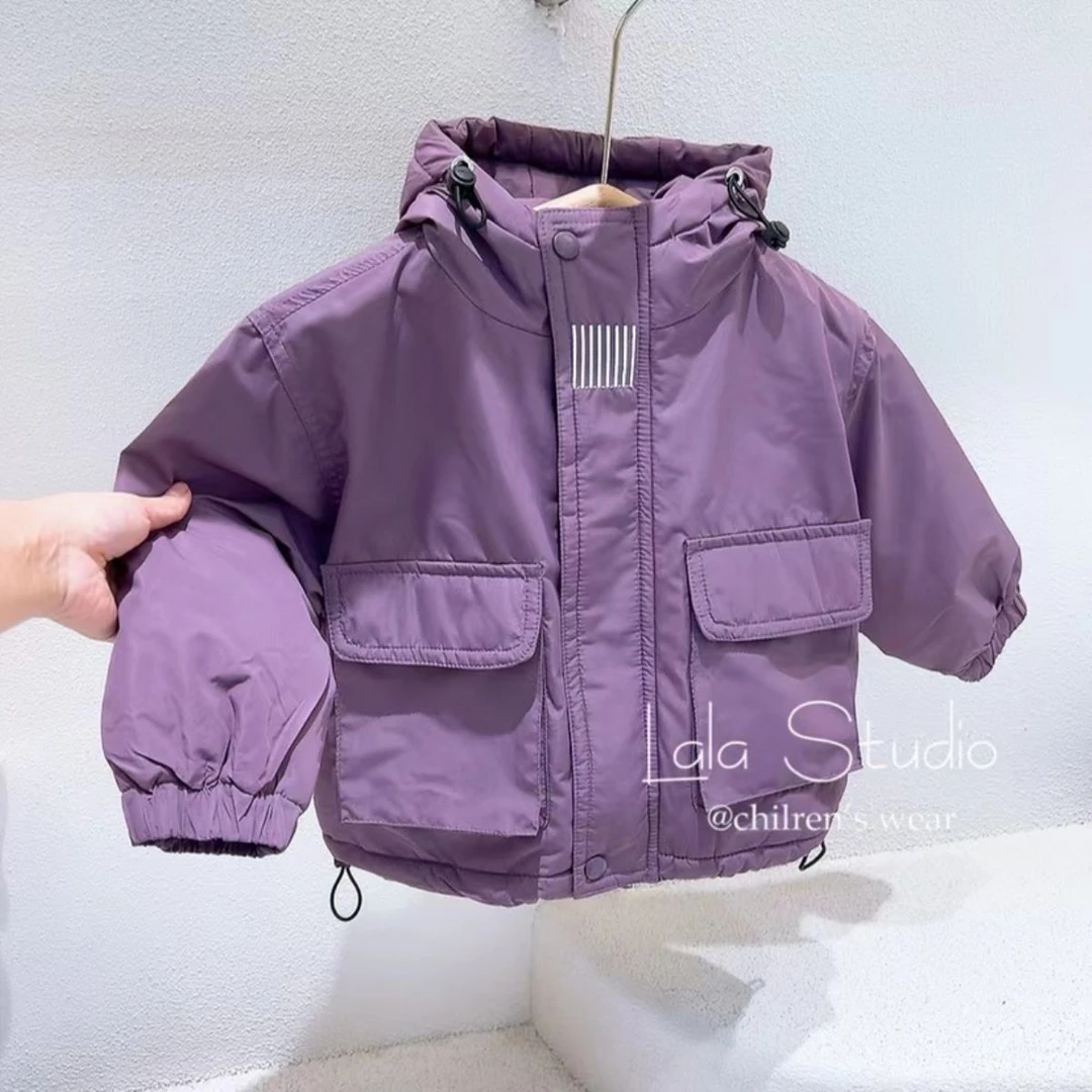 女童冬季棉服宝宝加绒加厚外套中小童紫色休闲上衣儿童连帽衣服