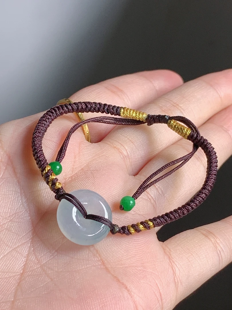 天然缅甸翡翠A货冰种平安扣手绳，尺寸14.3*5.4