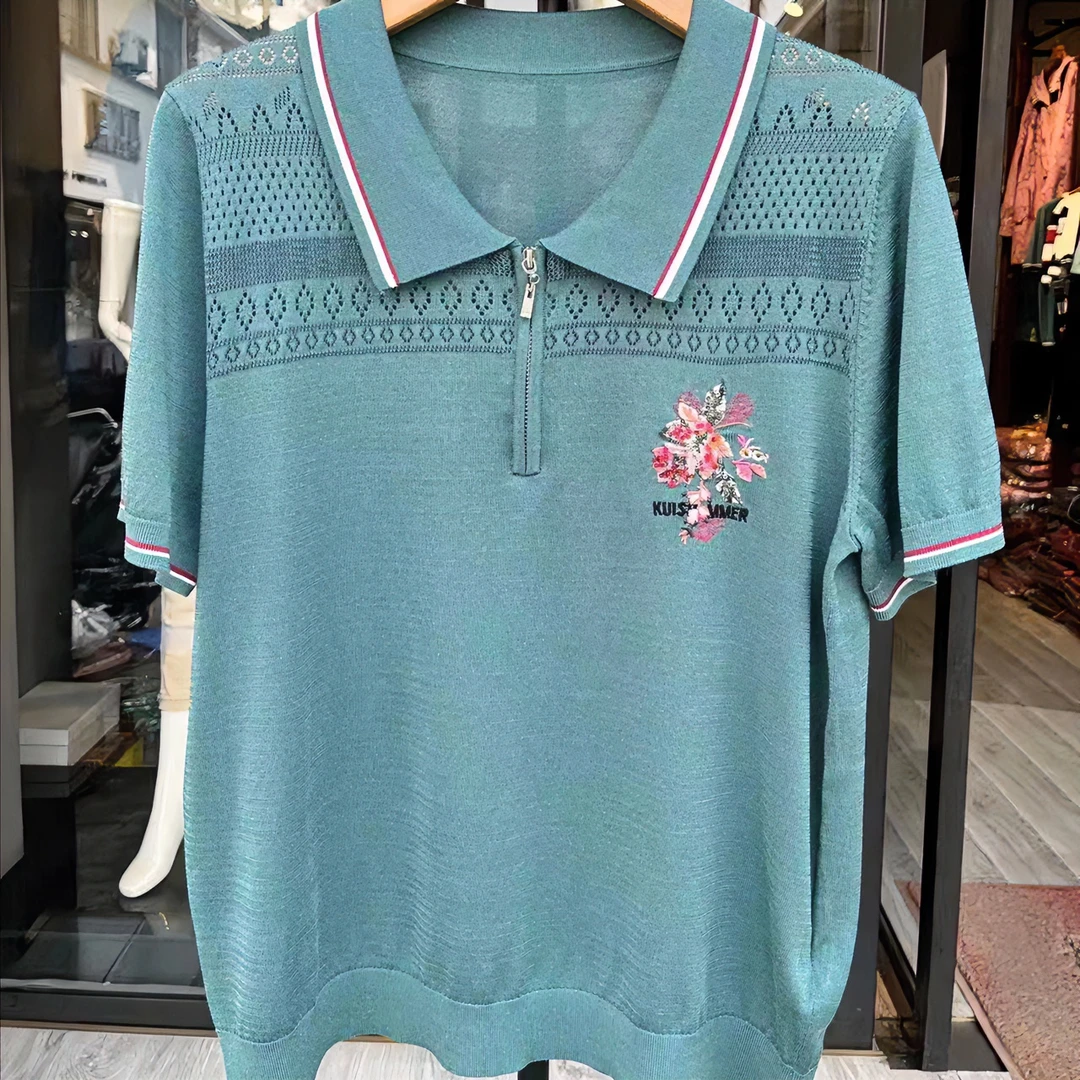 同城芒市葵牌女装上衣针织衫翻领休闲潮流t恤百搭中年绣花大气