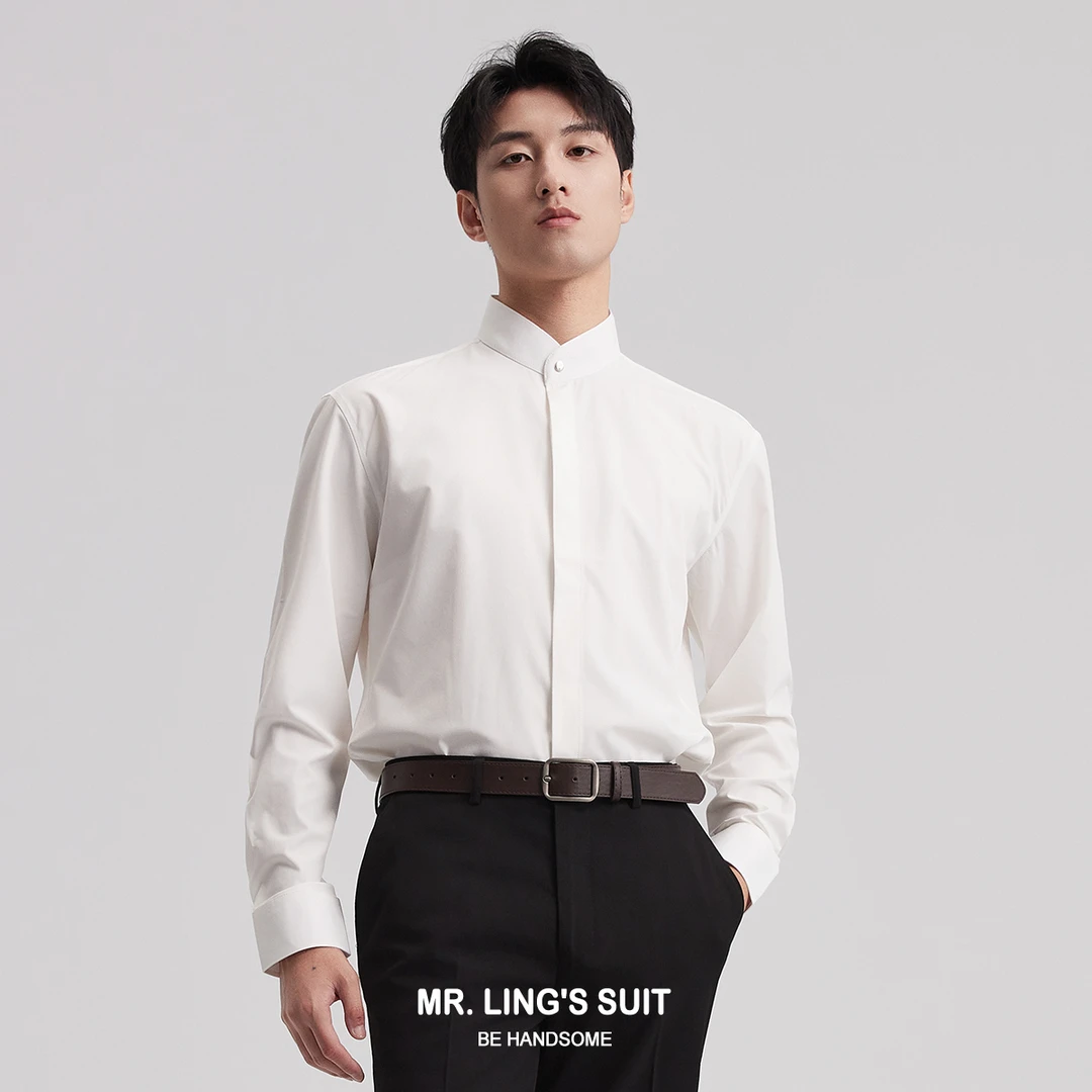 中华立领职业衬衫男长袖2024春秋修身商务休闲工装抗皱圆领白衬衣