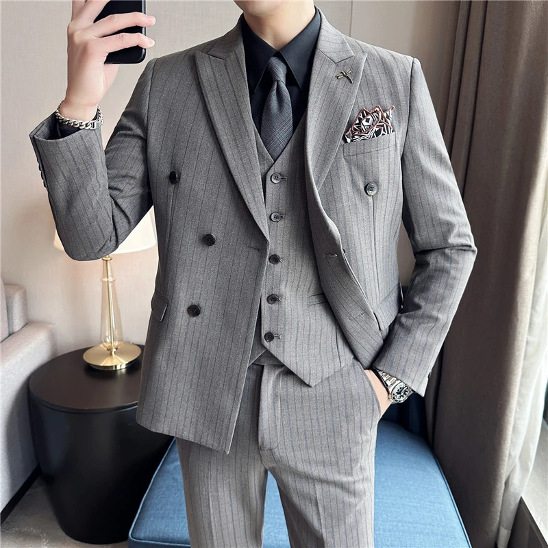 秋冬西装男套装韩版商务职业西服三件套条纹司仪主持新郎结婚礼服