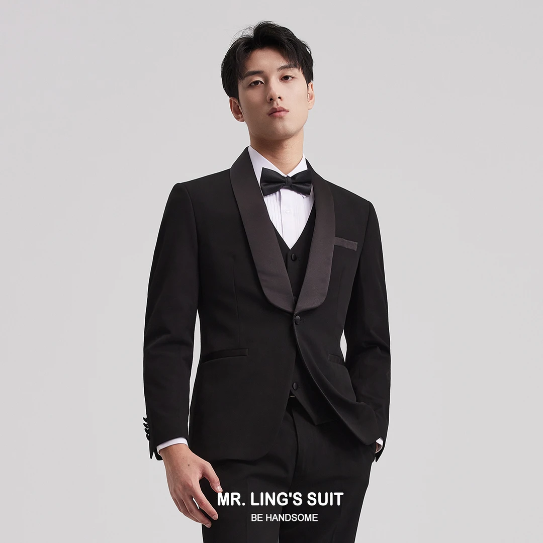 新郎西服男套装黑色青果领韩版修身婚礼宴会结婚礼服西装三件套潮