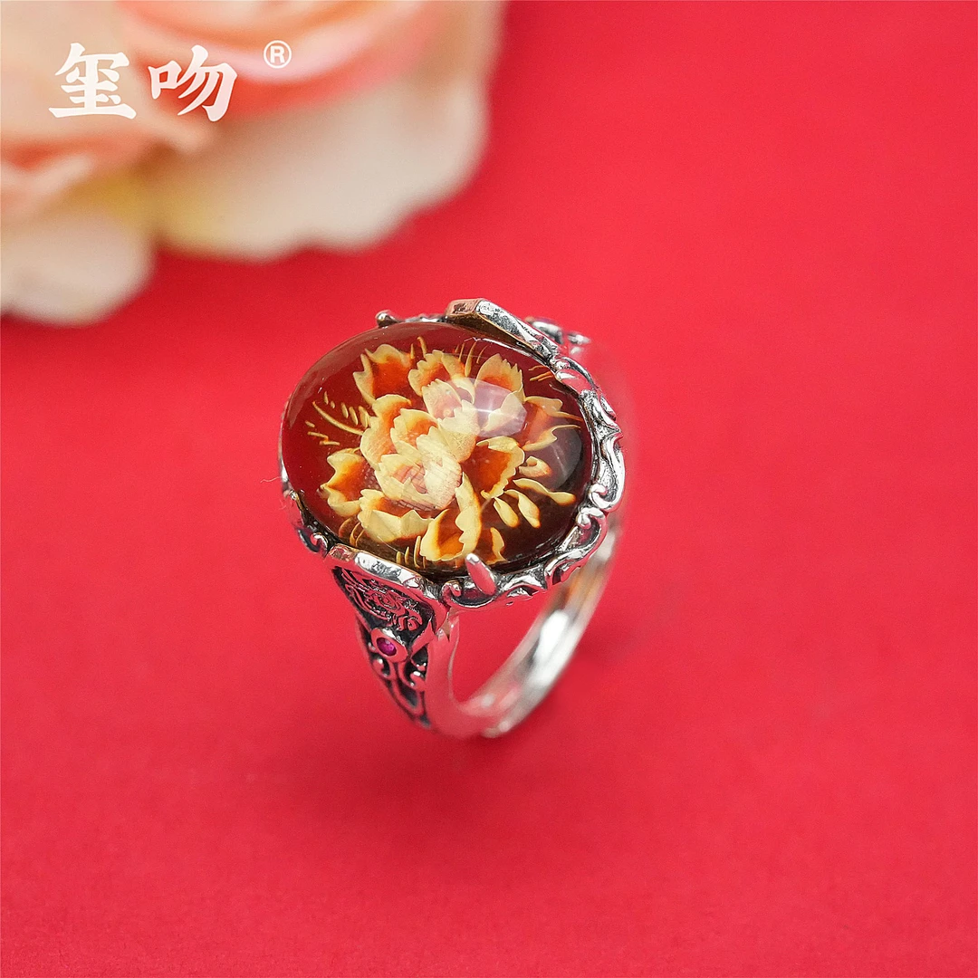 【玺吻】s925银 花开富贵 牡丹花天然琥珀戒指（活口可调节）