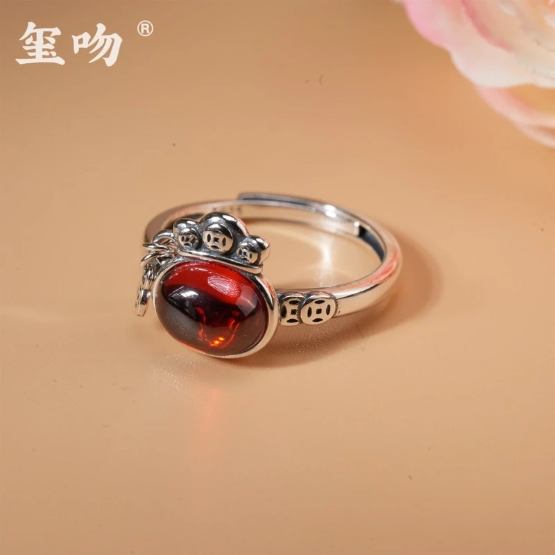 925银戒指 【玺吻】s925银石榴红福袋戒指经典手工时尚纯银开口戒指
