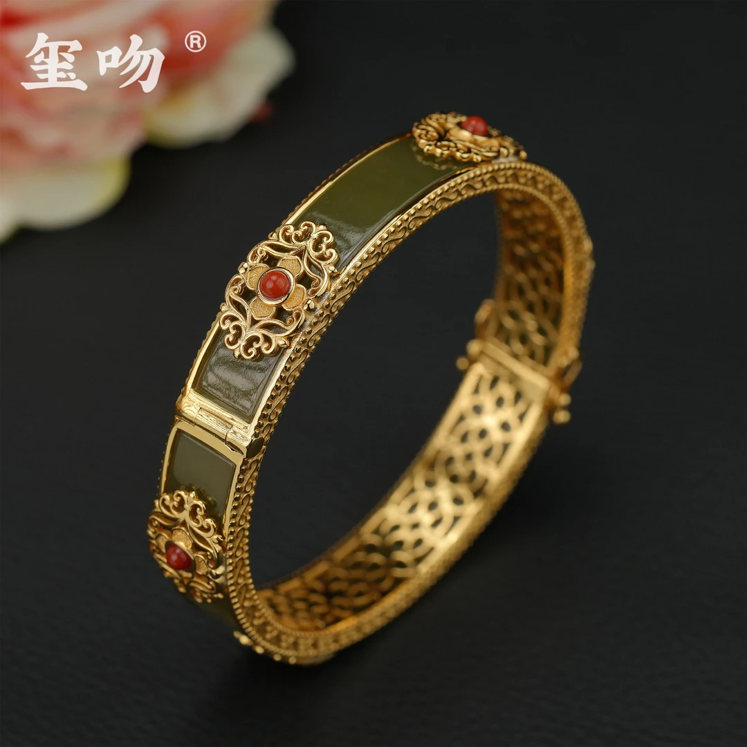 【玺吻】s925银 天然和田玉如意宝相花手镯 卡扣可打开