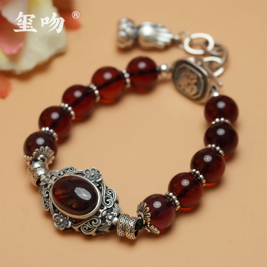 【玺吻】s925银 繁花似锦 天然血珀手链-珠径约10mm（长约22cm）