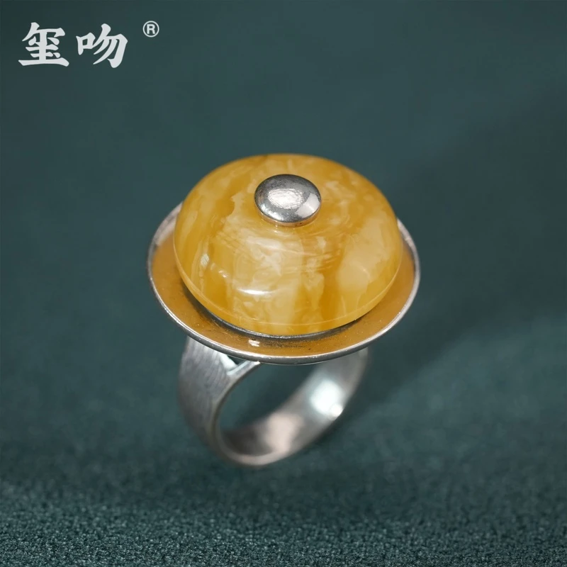 【玺吻】s925银围镶  蜜蜡戒指  花纹戒指 活口戒 气质时尚复古戒指