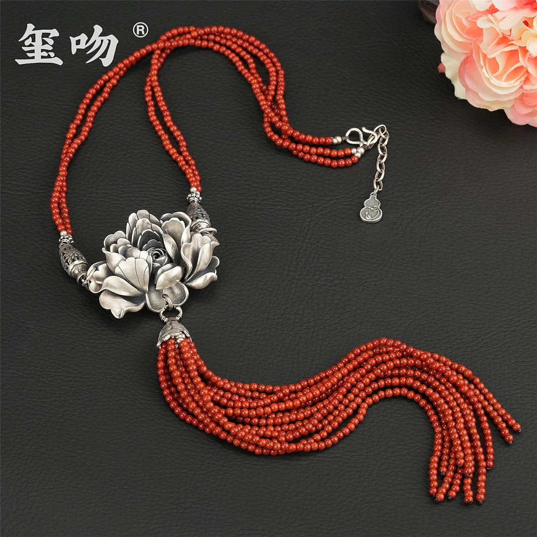【玺吻】s925银 国色天香 天然南红牡丹花流苏套链-约60cm
