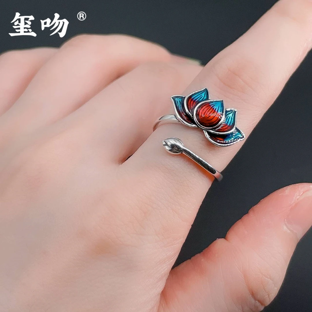 925银戒指 【玺吻】s925银 莲花戒指 纯手工烧蓝工艺纯银可调节戒指