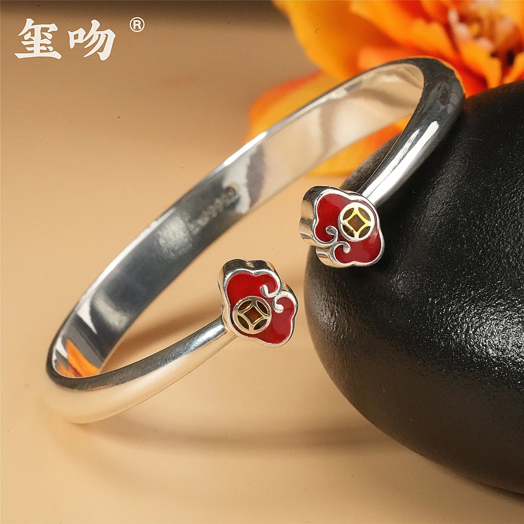 足银手镯 【玺吻】足银999 百福如意手镯 光面百搭素款实心手镯