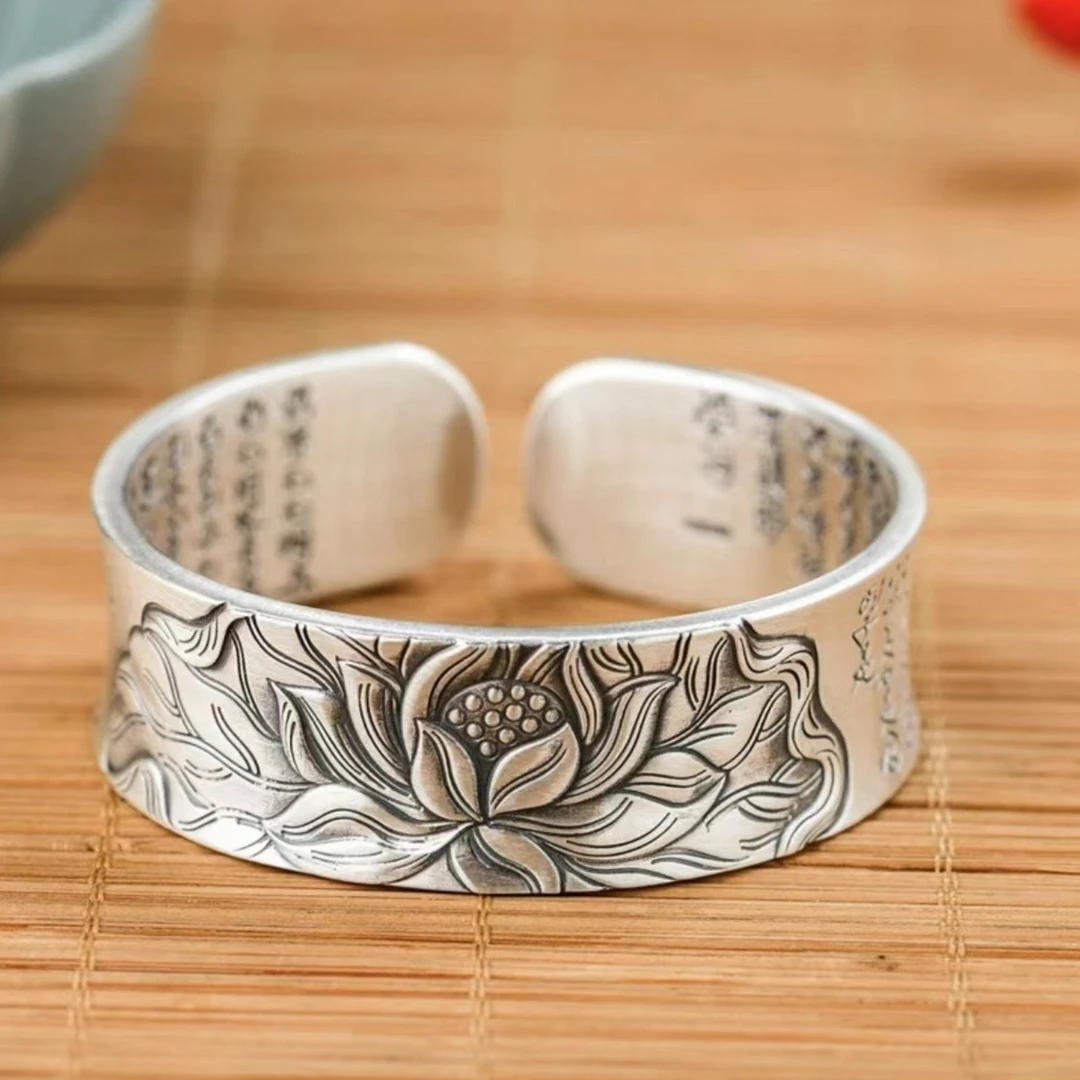 足银手镯 【玺吻】足银999复古实心手工錾刻莲花心经手镯（镯宽2cm）