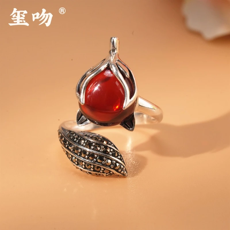 925银戒指 【玺吻】s925银 石榴 红狐狸满镶戒指 红狐狸戒指可调节