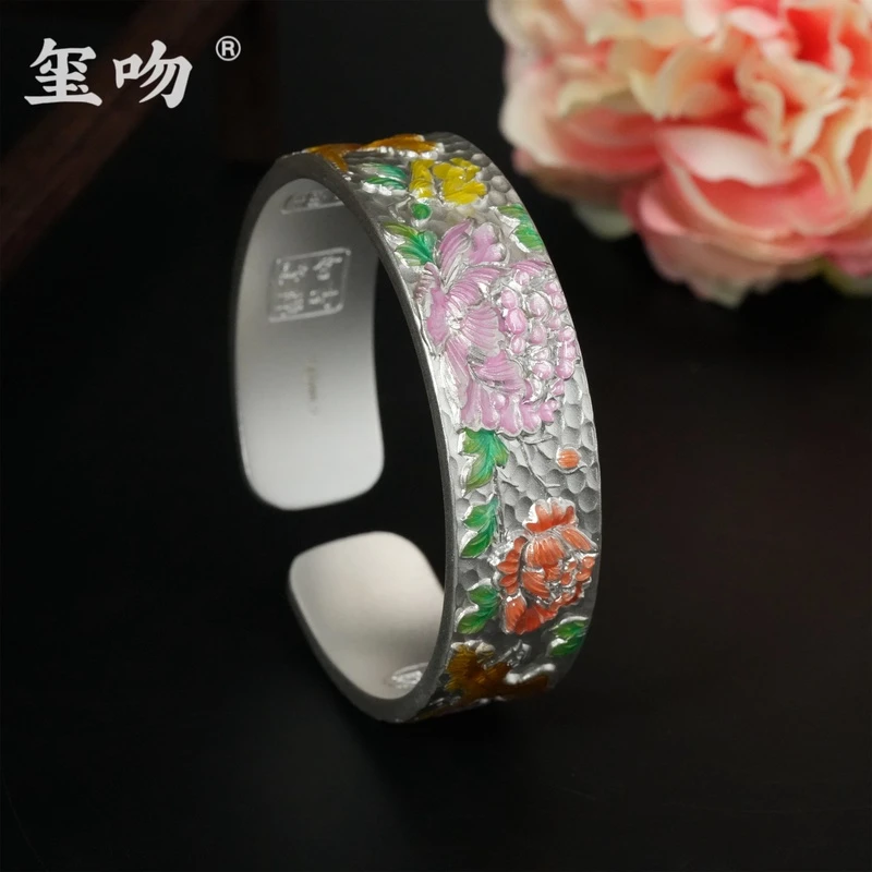 足银手镯 【玺吻】足银999.9鸟语花香珐琅彩时尚足银手镯民族风镯子