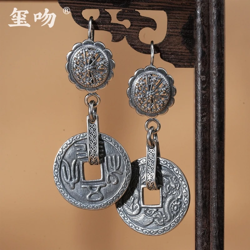 925银耳饰 龙凤呈祥耳饰 纯手工老银耳坠 时来运转手工复古耳坠