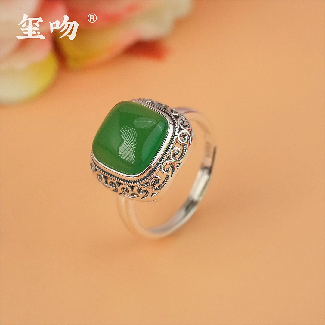 【玺吻】s925银 卷草纹 天然绿玛瑙戒指（活口可调节）