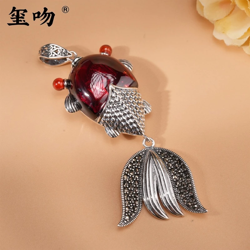 吊坠925银 【玺吻】s925银镶嵌 鸿运当头 如鱼得水石榴红锦鲤吊坠