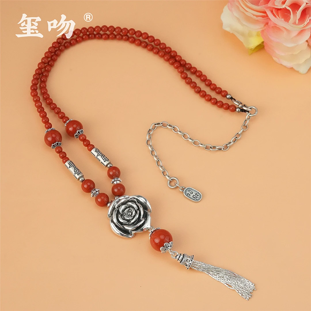 【玺吻】s925银 花开富贵 天然南红玫瑰花项链（约55cm）
