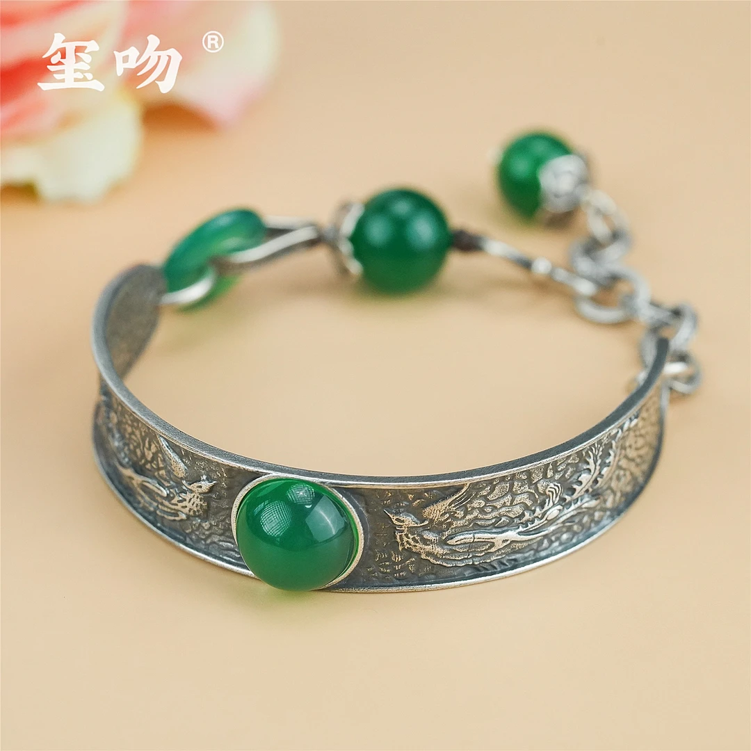 【玺吻】s925银 凤凰戏珠 天然绿玛瑙双凤戏珠老银定制款手链