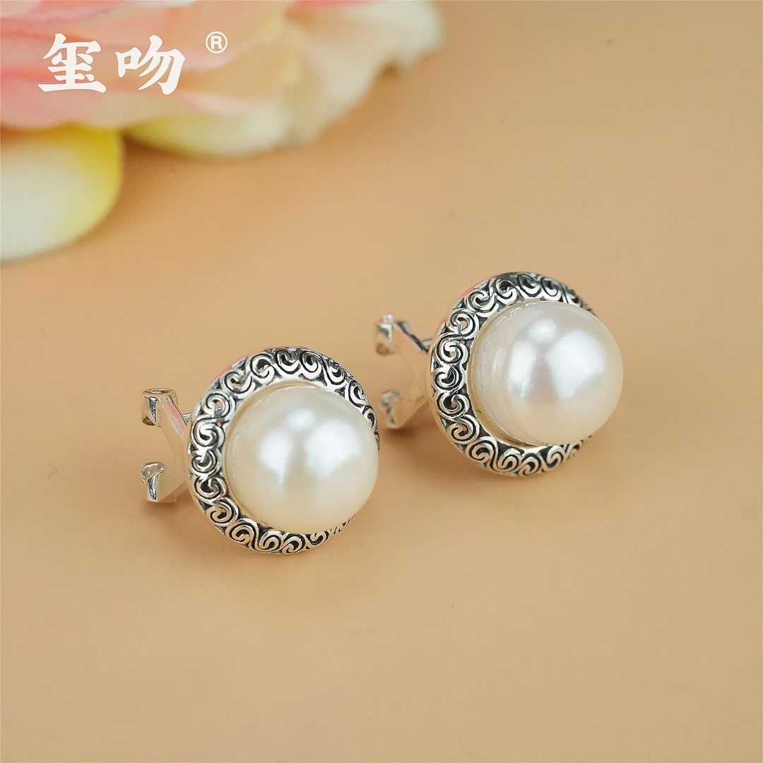 【玺吻】s925银 天然珍珠卷草纹耳扣 气质款珍珠耳扣（珠径约9mm）