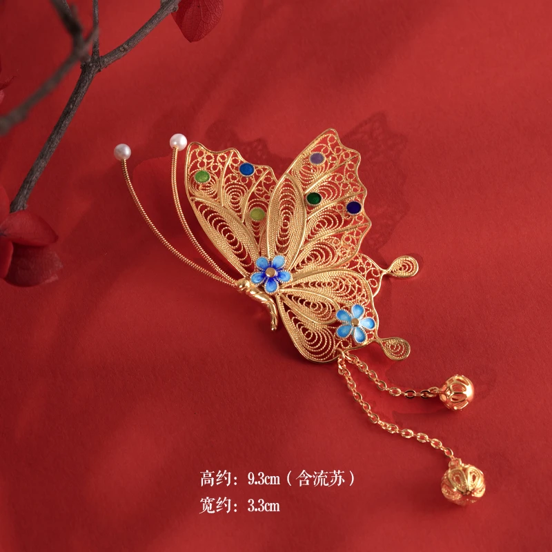 925银胸针 【玺吻】s925银 翩翩来福 手工花丝蝴蝶流苏胸针吊坠两用