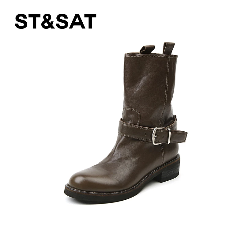St&Sat/星期六秋冬中筒一脚蹬牛皮短靴内外全皮帅气时尚平底女靴