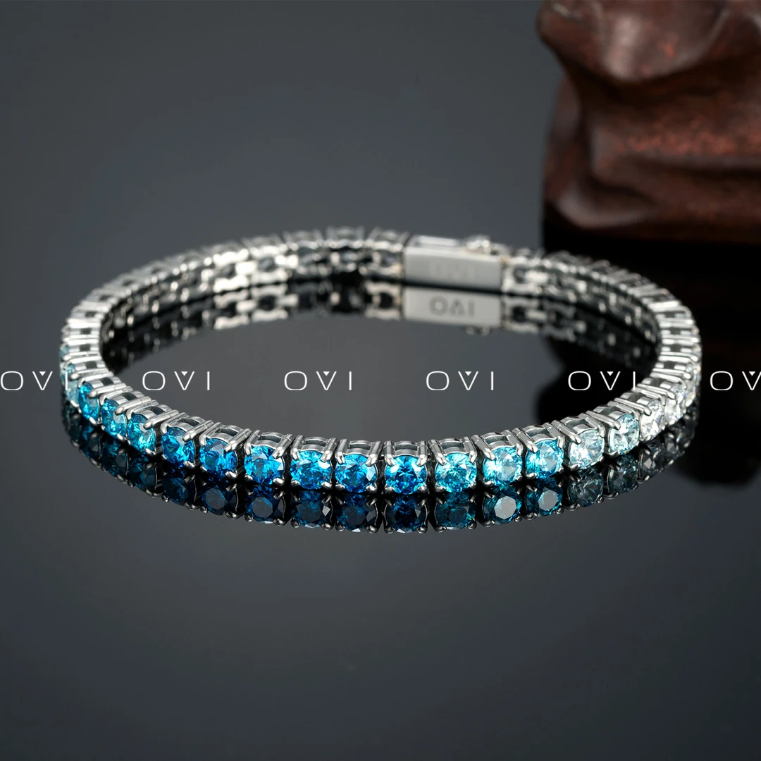钛钢手链 OVI【潮汐】原创5A满钻海蓝冰川蓝渐变满锆切工不掉色手链